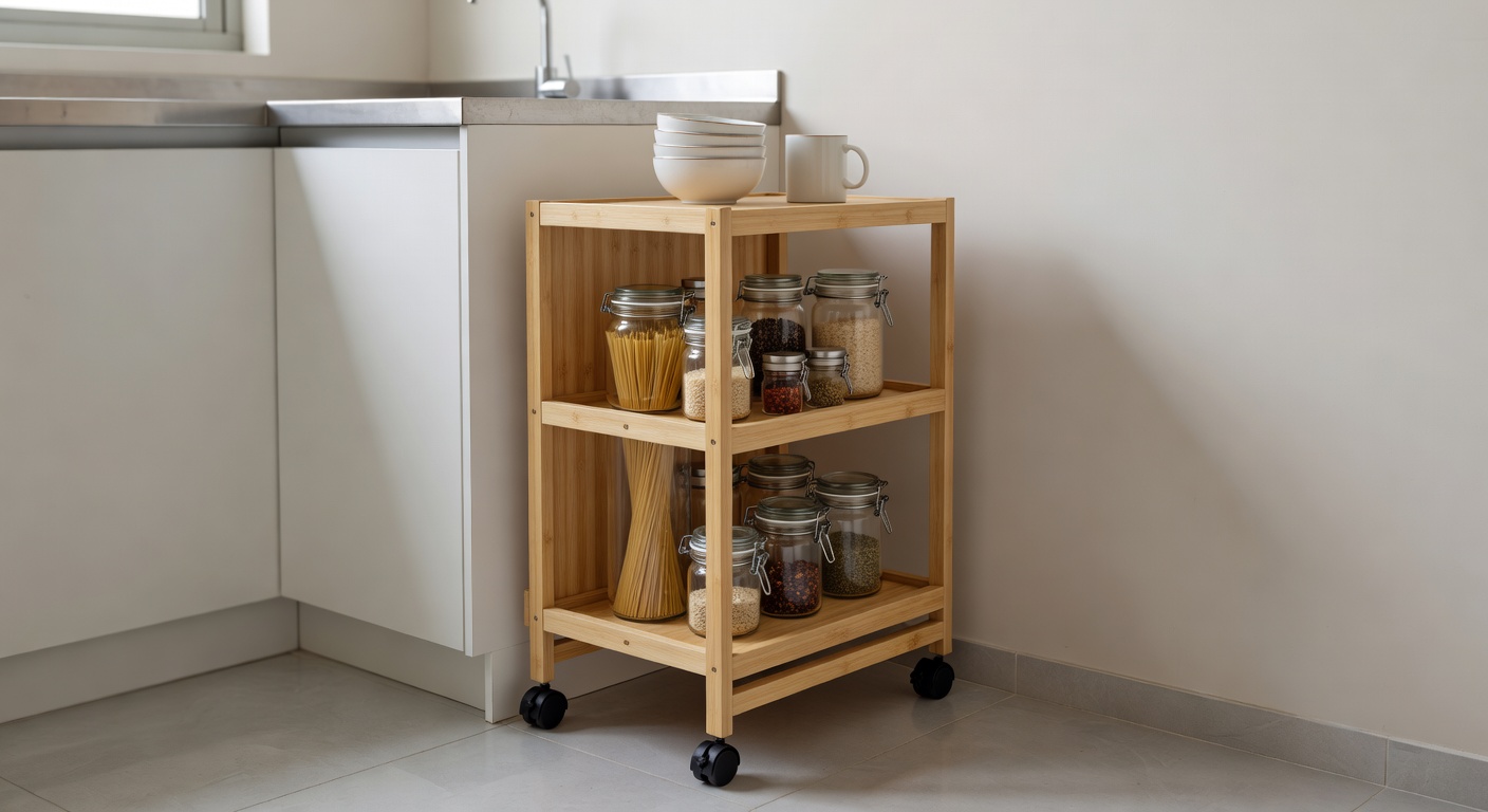 A foldable, rollable kitchen cart for flexible storage