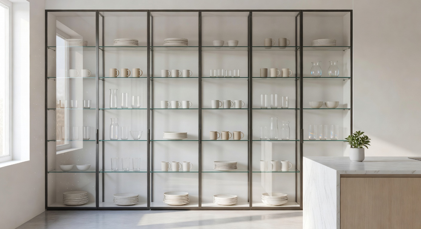 Organised kitchenware in glass cabinets