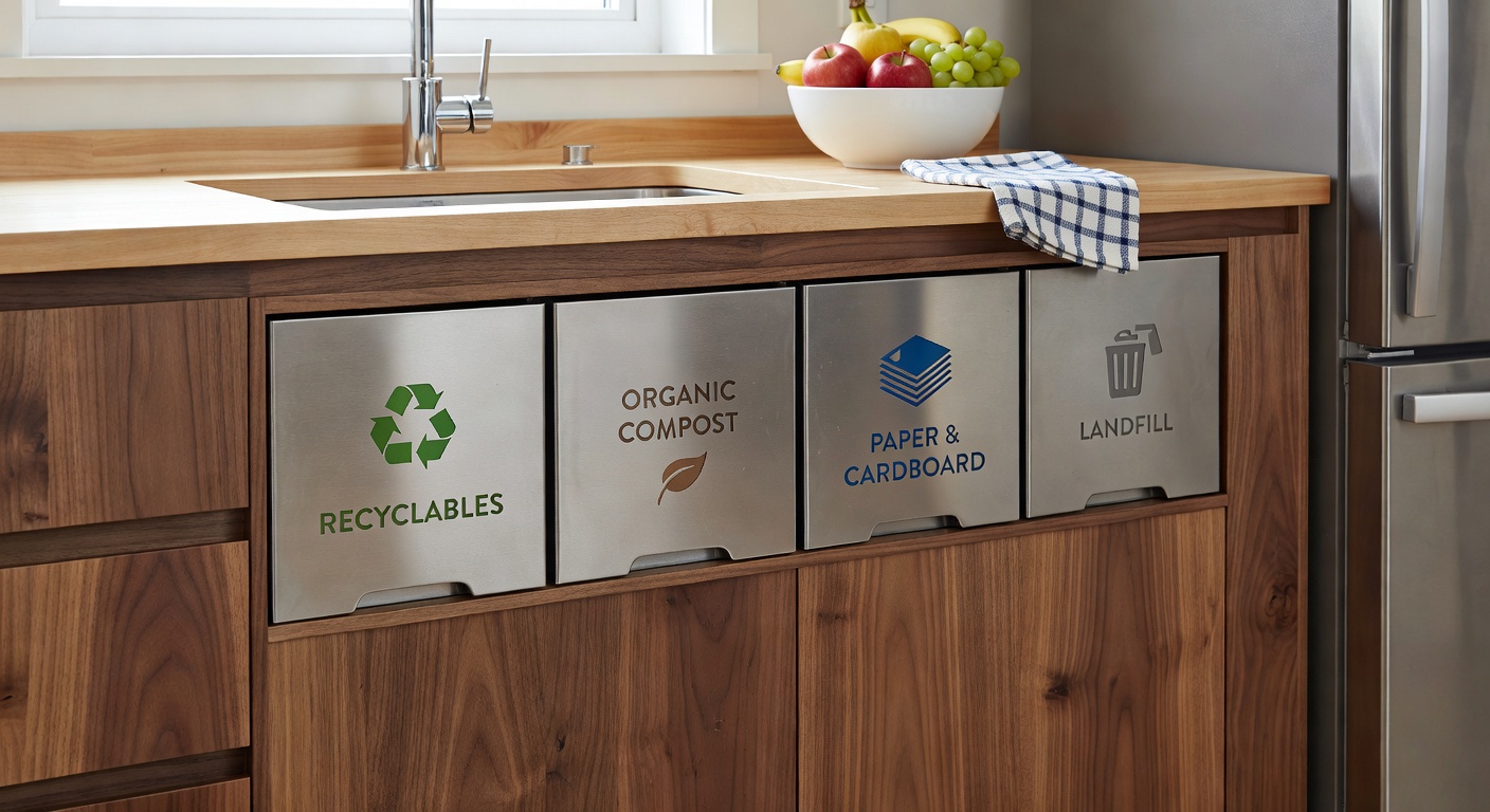 Integrated recycling bins in a minimal kitchen