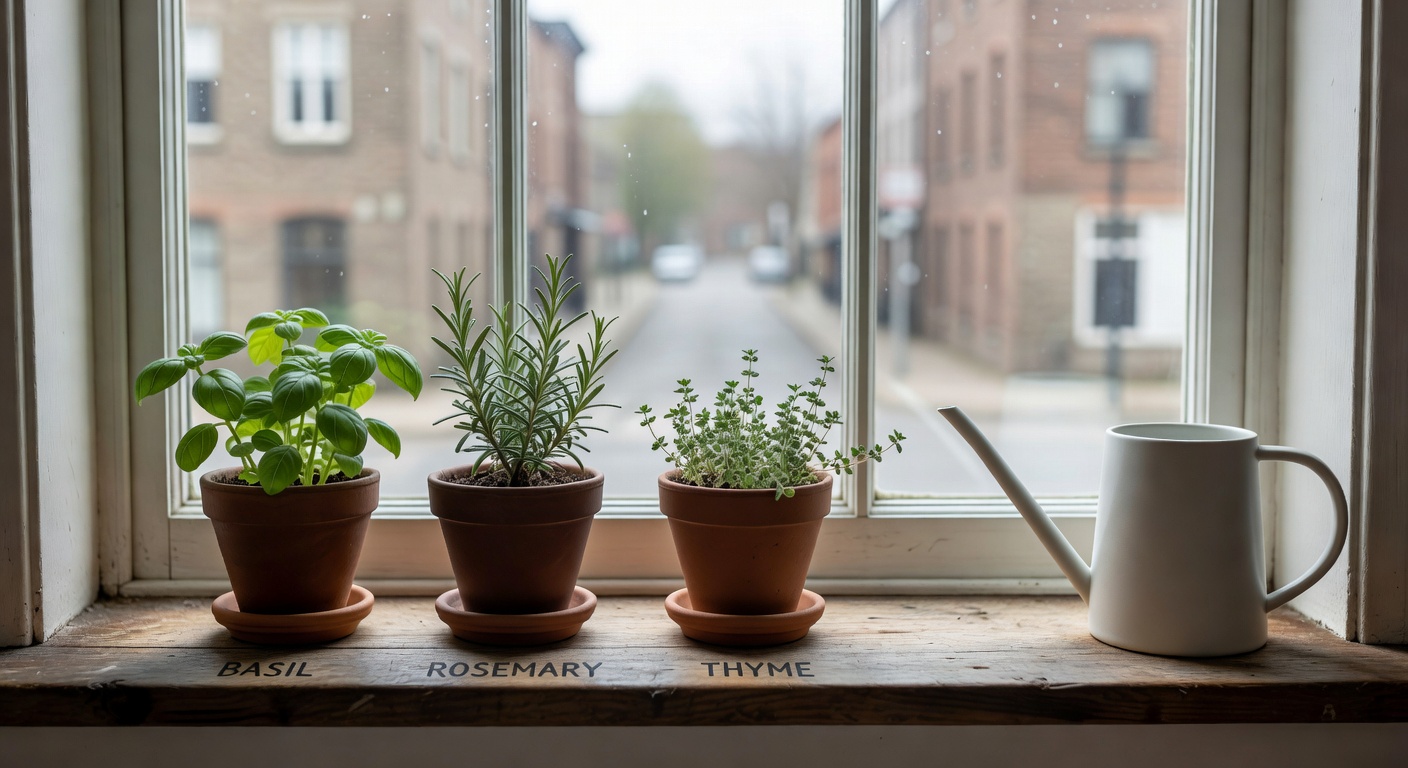 A minimal kitchen herb garden on the counter