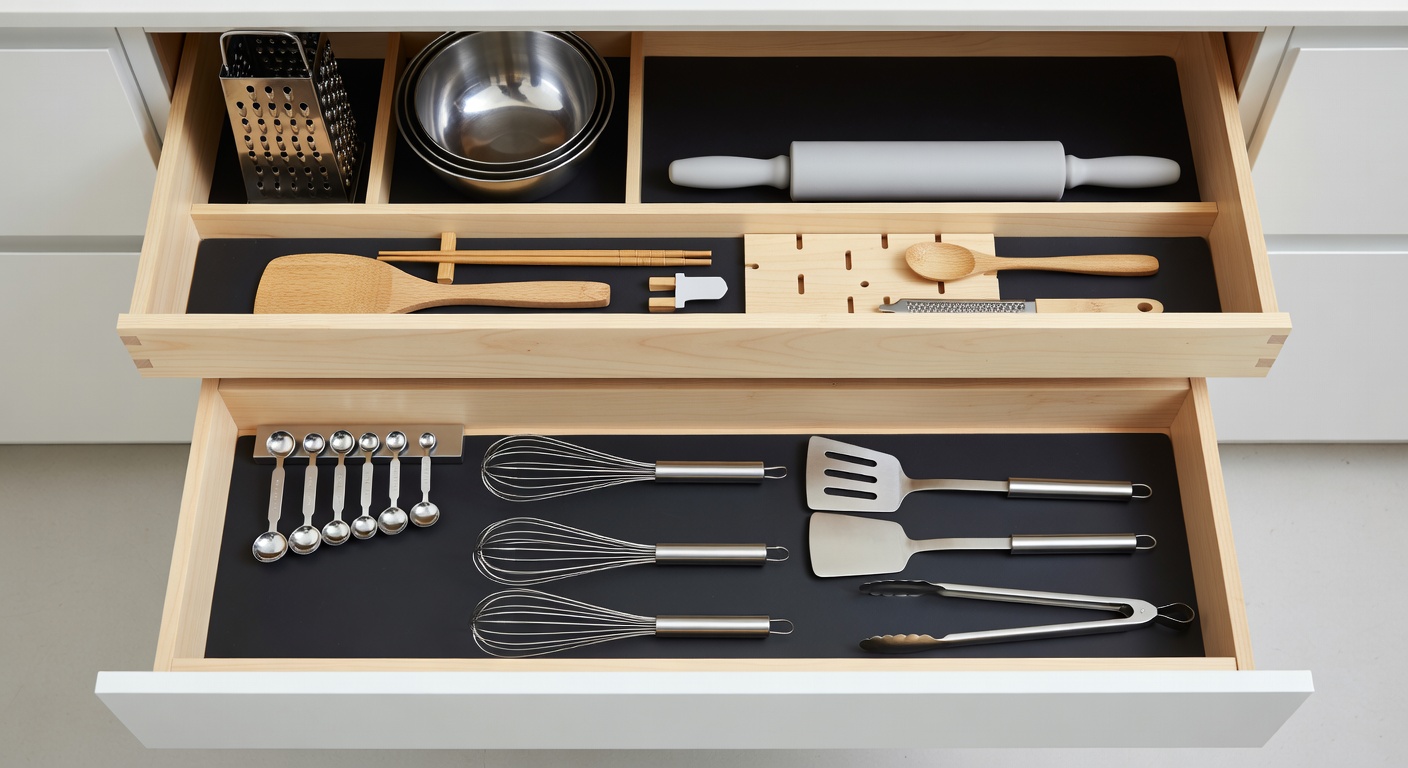 Minimal kitchen utensils laid out precisely