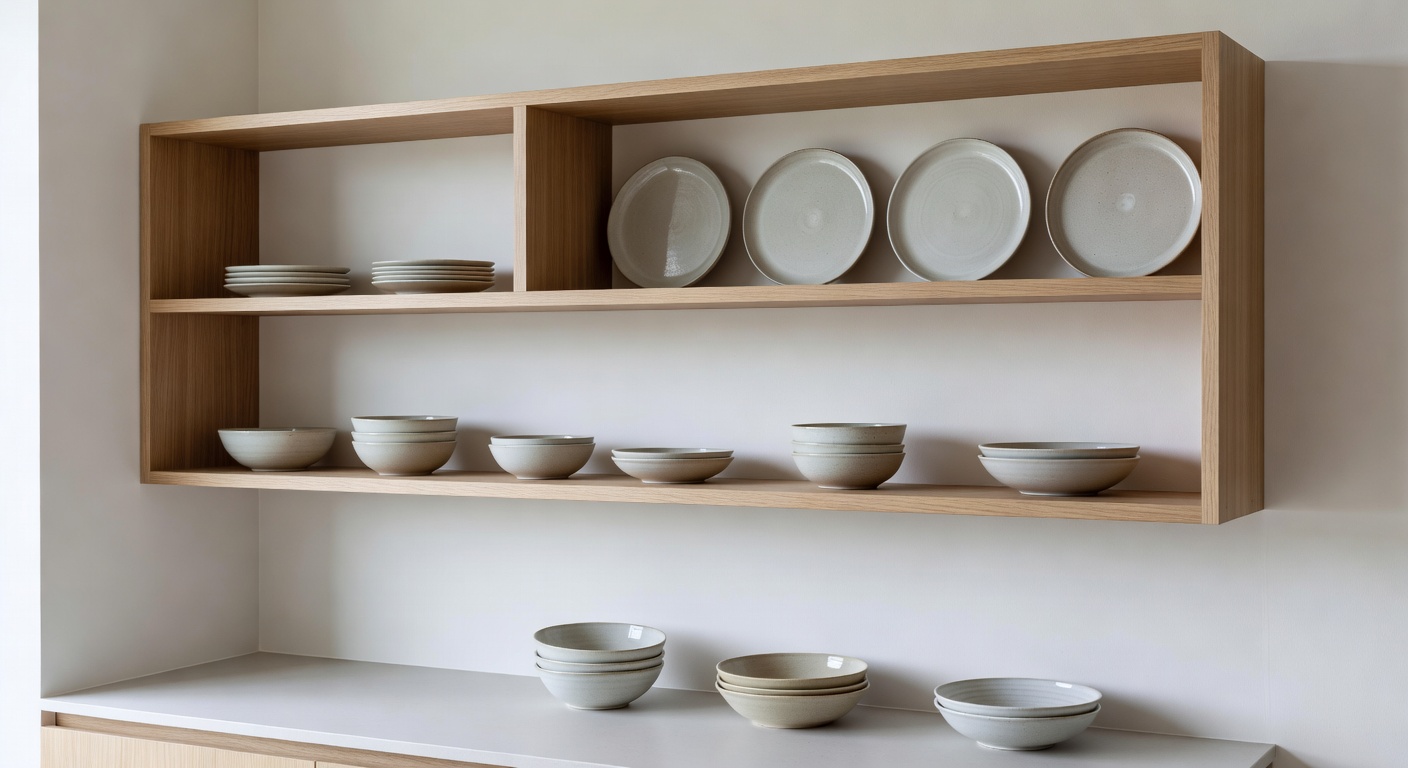 Organised open shelving with ceramics