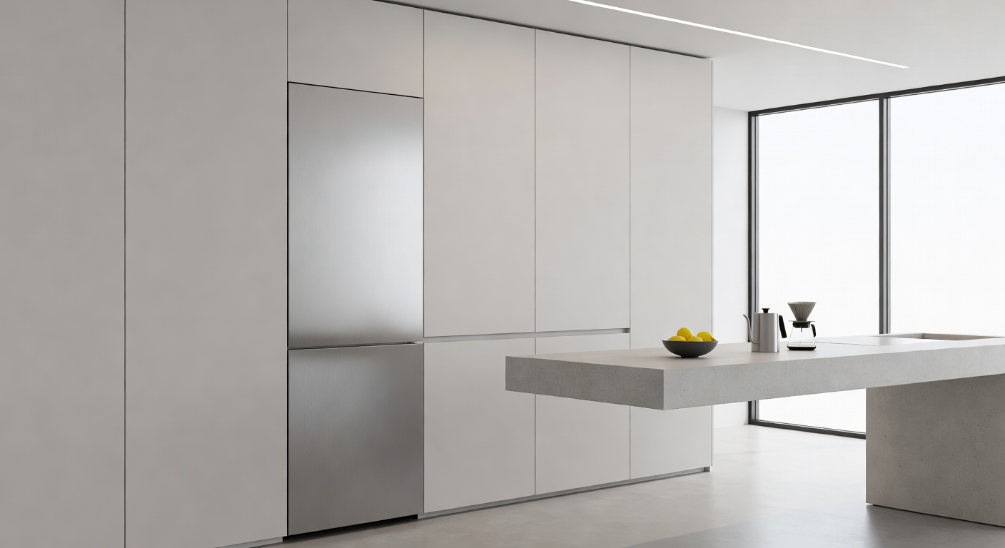 Integrated refrigerator in a minimal kitchen