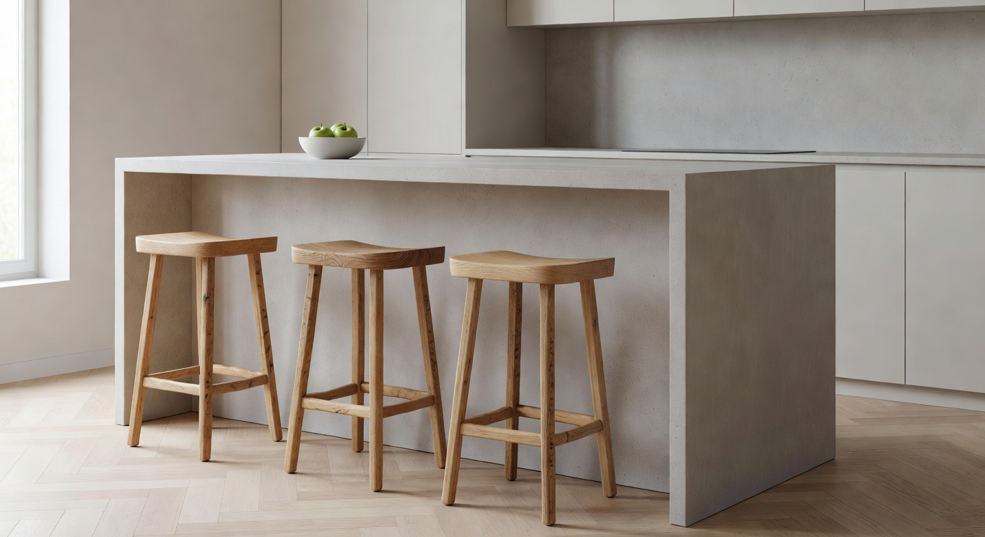 Wooden kitchen stools at a minimal kitchen island